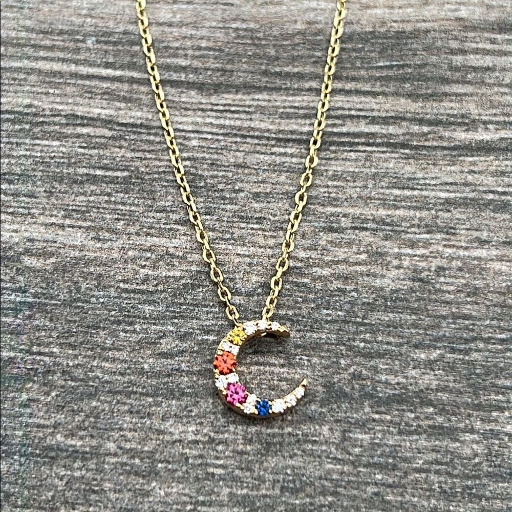 14K Yellow Gold Mini Diamond and Sapphire Crescent Moon Necklace